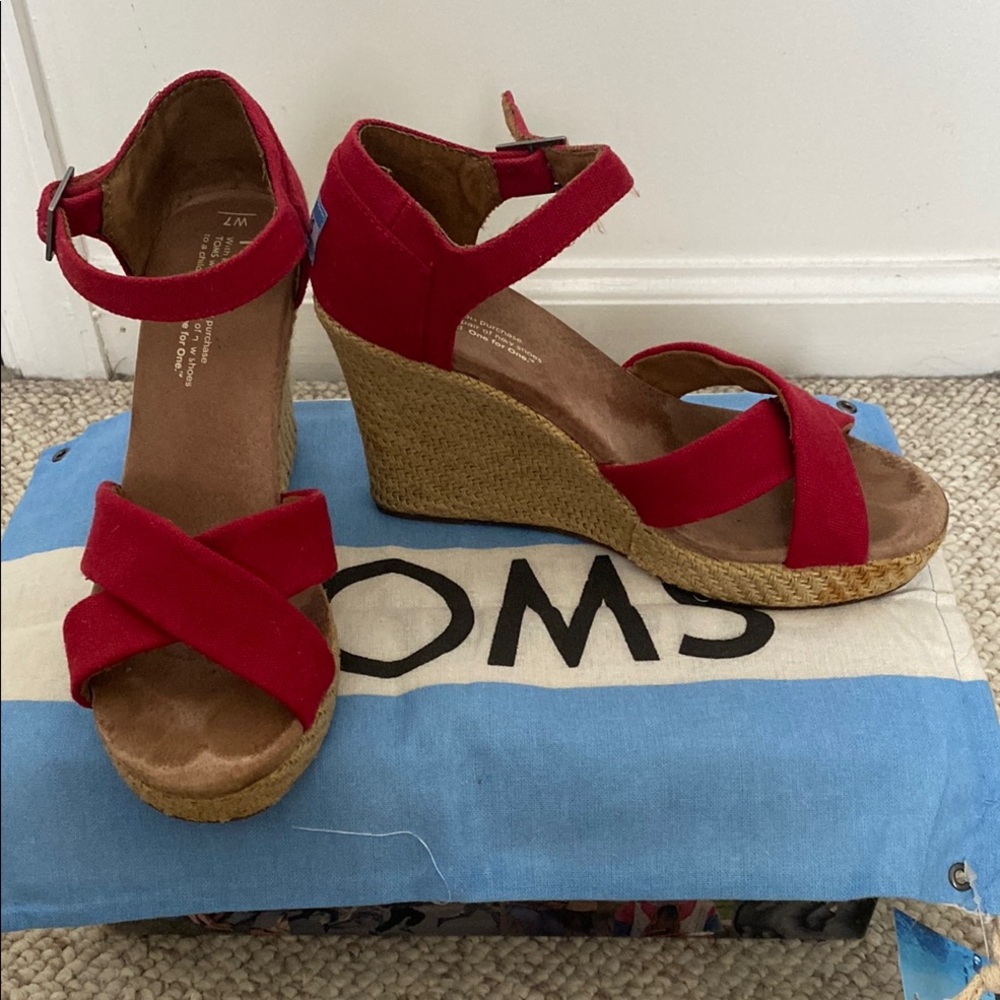 TOMS Red Wedge Shoes with Canvas Upper